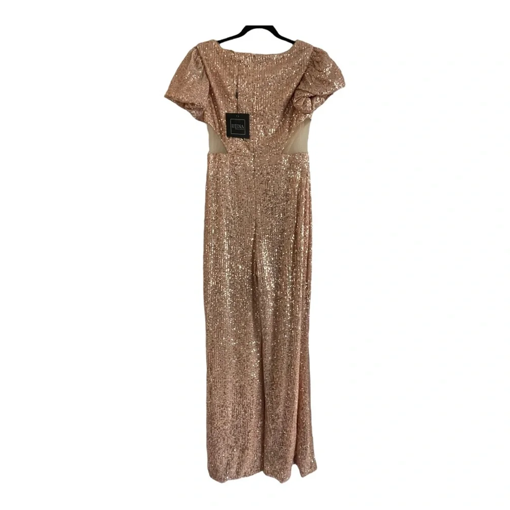 Mac Duggal Gold Sequined Puff Shoulder Illusion Cut Out Jumpsuit NWT Size 8 - Picture 8 of 9